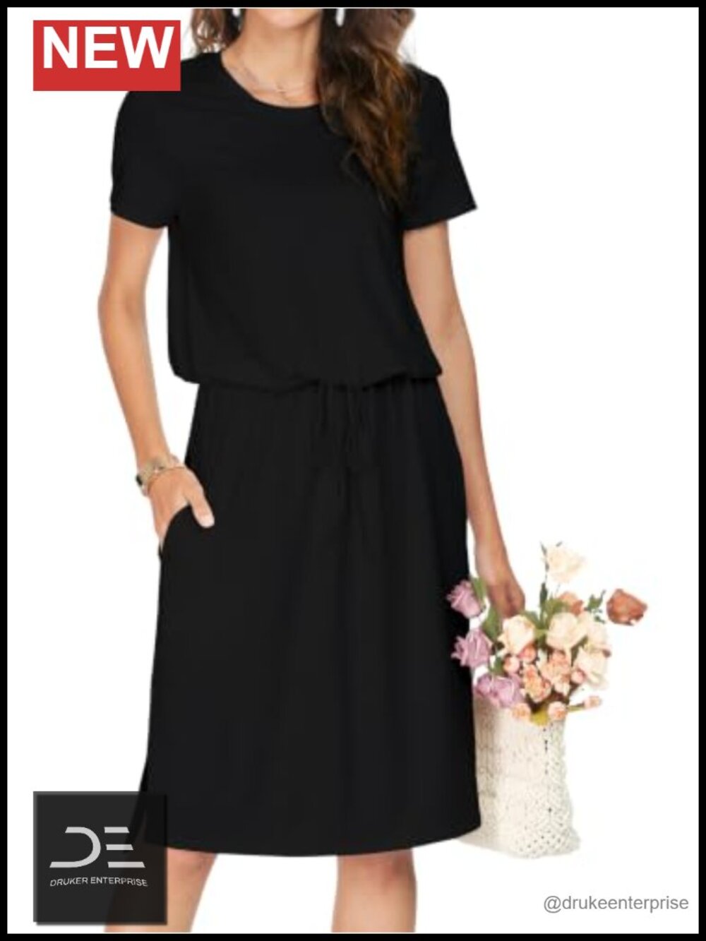 Womens Summer Knee Length Midi Travel Dress Drawstring Waist Pockets Work Casual